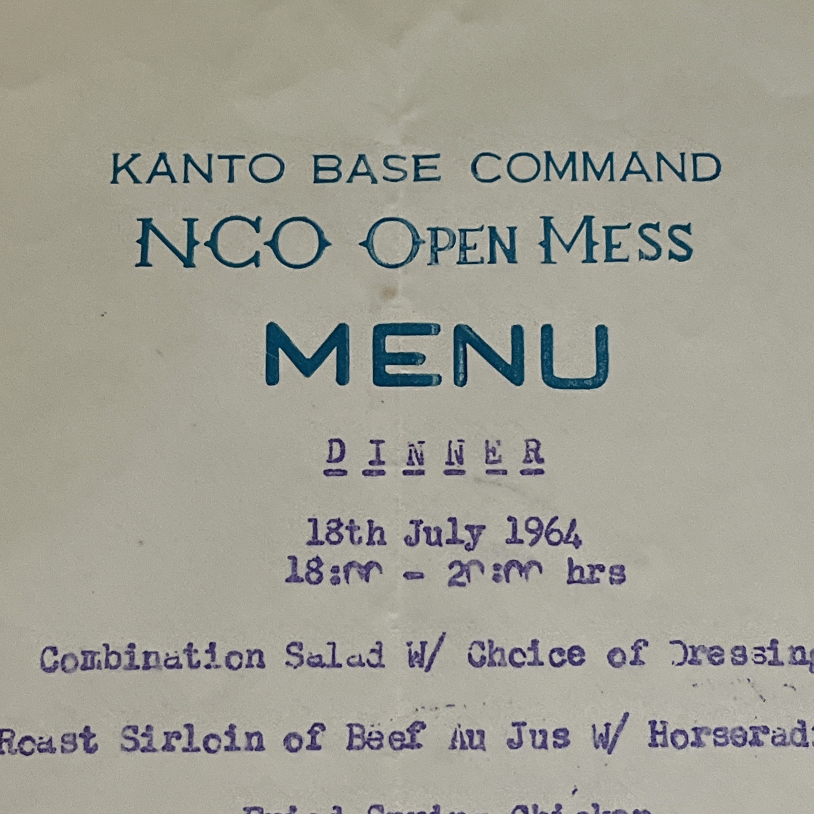 Kanto Base Japan Command NCO Open Mess Menu 1964