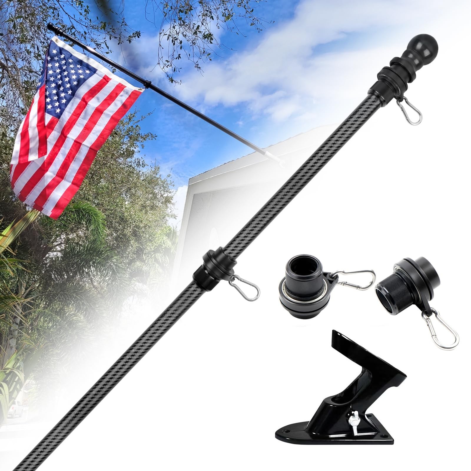 HIBLE 5 Foot Carbon Fiber Flag Poles for House Porch, 1 Inch Strong Black Fla...