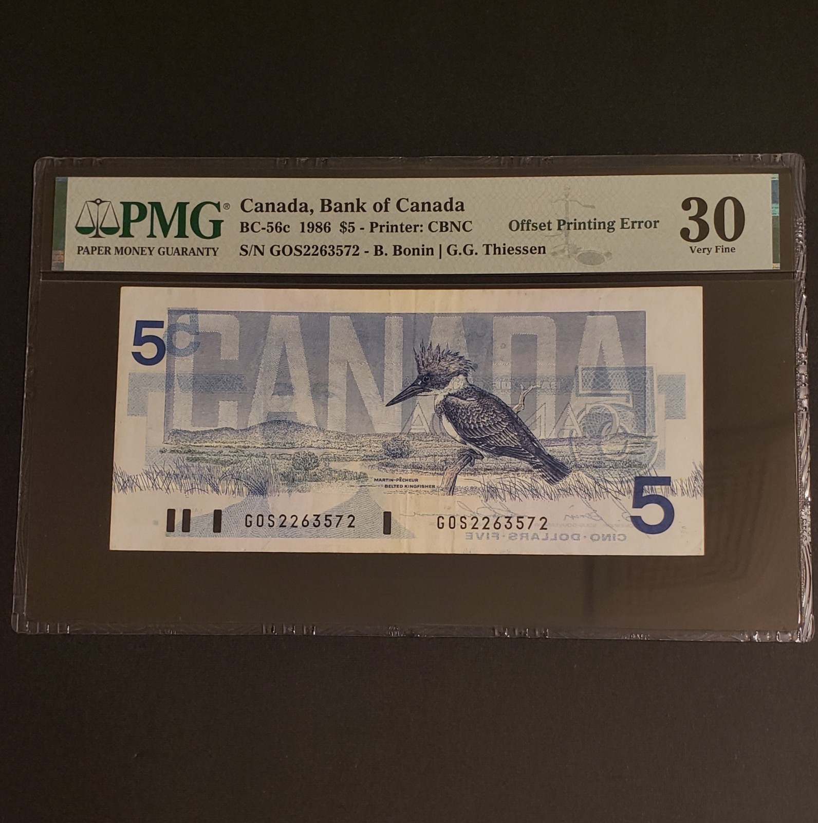 RARE OFFSET PRINTING ERROR 1986 Bank of Canada $5 Banknote. PMG Graded.
