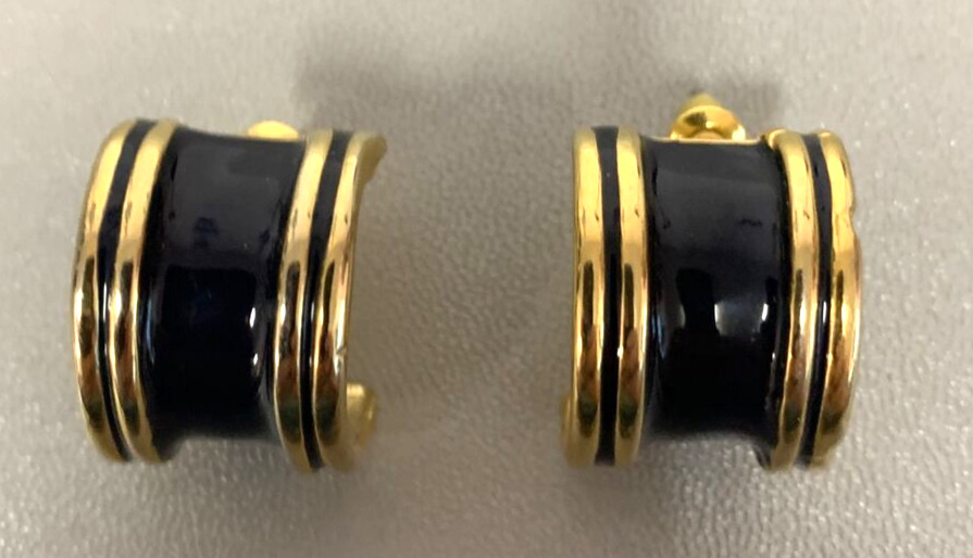 Vintage Gold Tone Blue Black Enamel Earrings Hoop Pierced