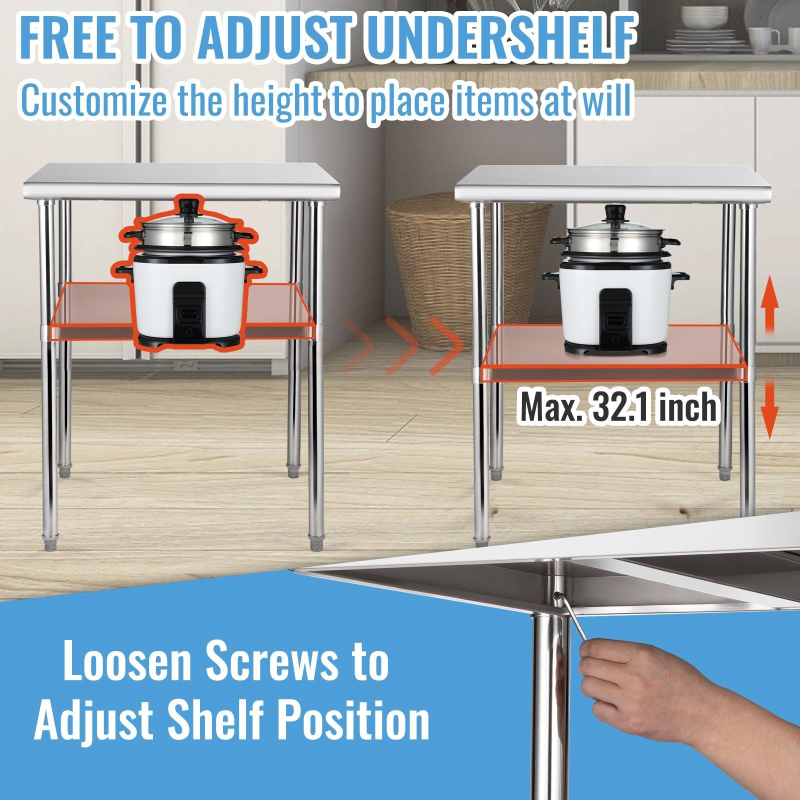 Heavy-Duty Stainless Prep Table, 24x24in Top, Adjustable Undershelf, 4 Wheels