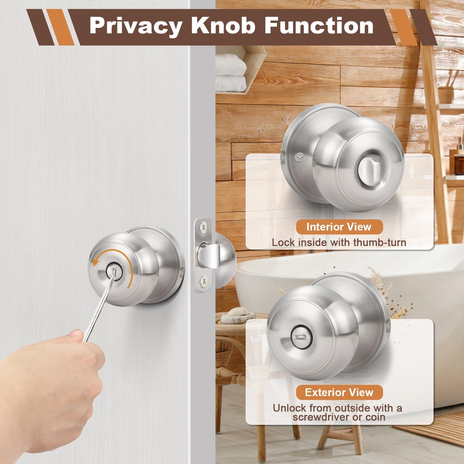 5 Pack Door Knobs Brushed Nickel Interior Keyless Door Lock Privacy Door Hand...