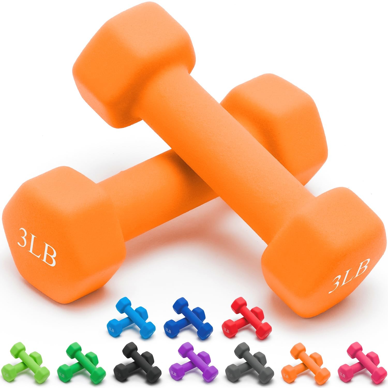Weights Orange Dumbbells with Set of 2 Neoprene Dumbbells Set, 3 LB, Anti-Sli...