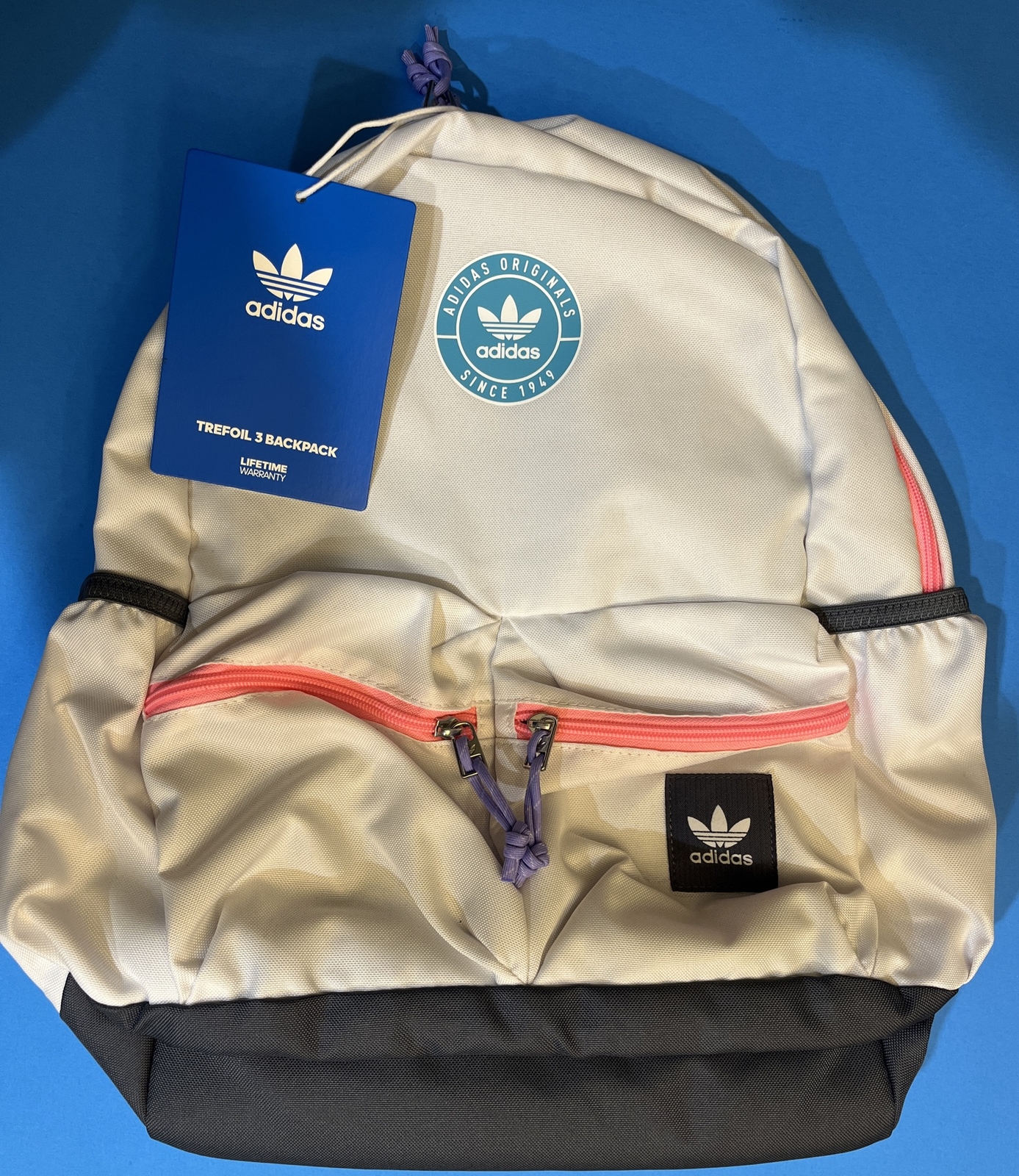 NWT Adidas Trefoil  3 Backpack #GC1213 White W/ Grey Blue Pink And Purple