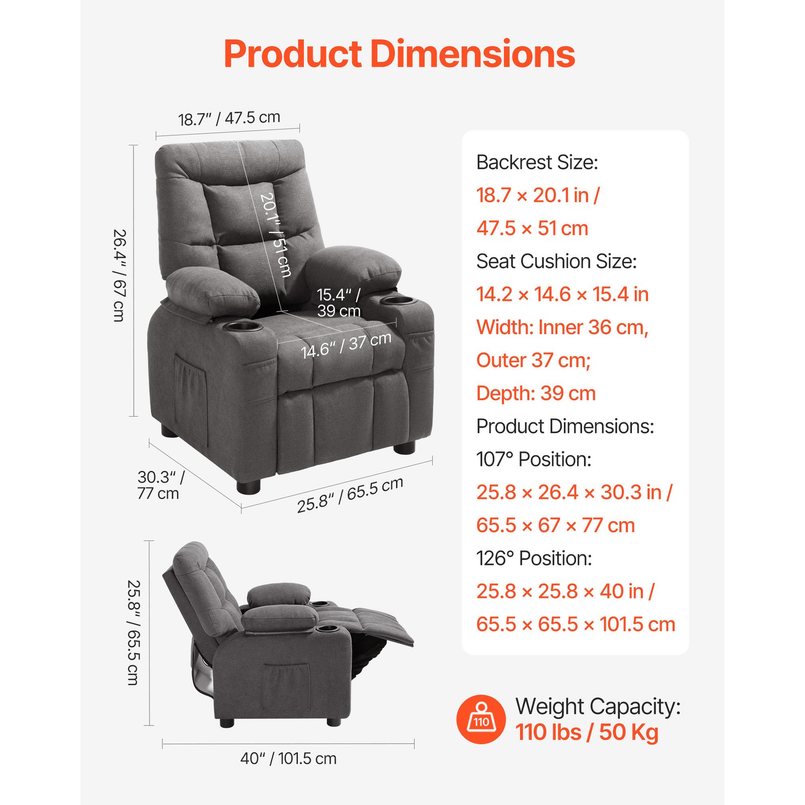 Uimoso Kids Reclining Chair Toddler Recliner with Cup Holders & Pockets (Grey)