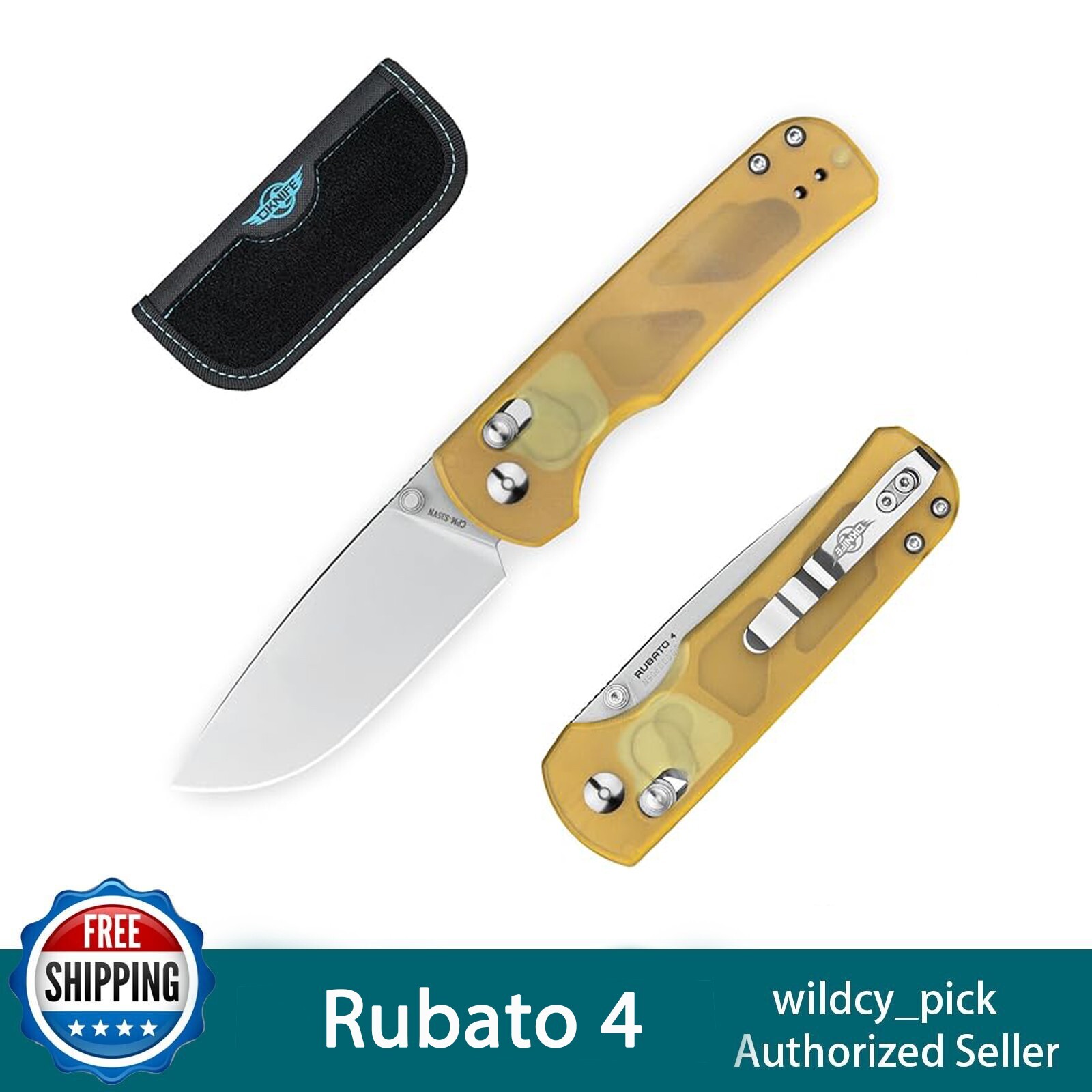 OKNIFE Rubato 4 PEI Folding Knife, CPM-S35VN Steel, 3.04" Blade Amber Handle