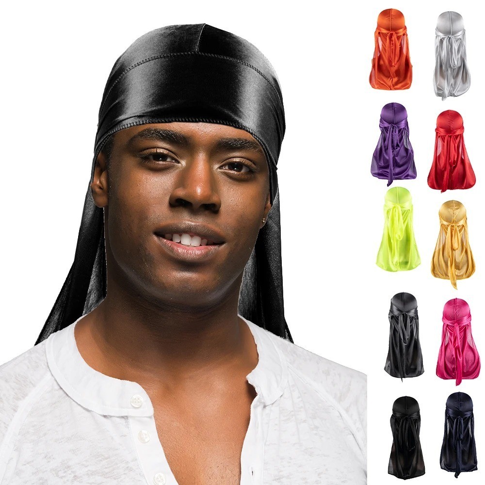 Men'S Silk Durag Bonnet Bandana Silky Du Rag Doo Rag Long Tail Waves Cap