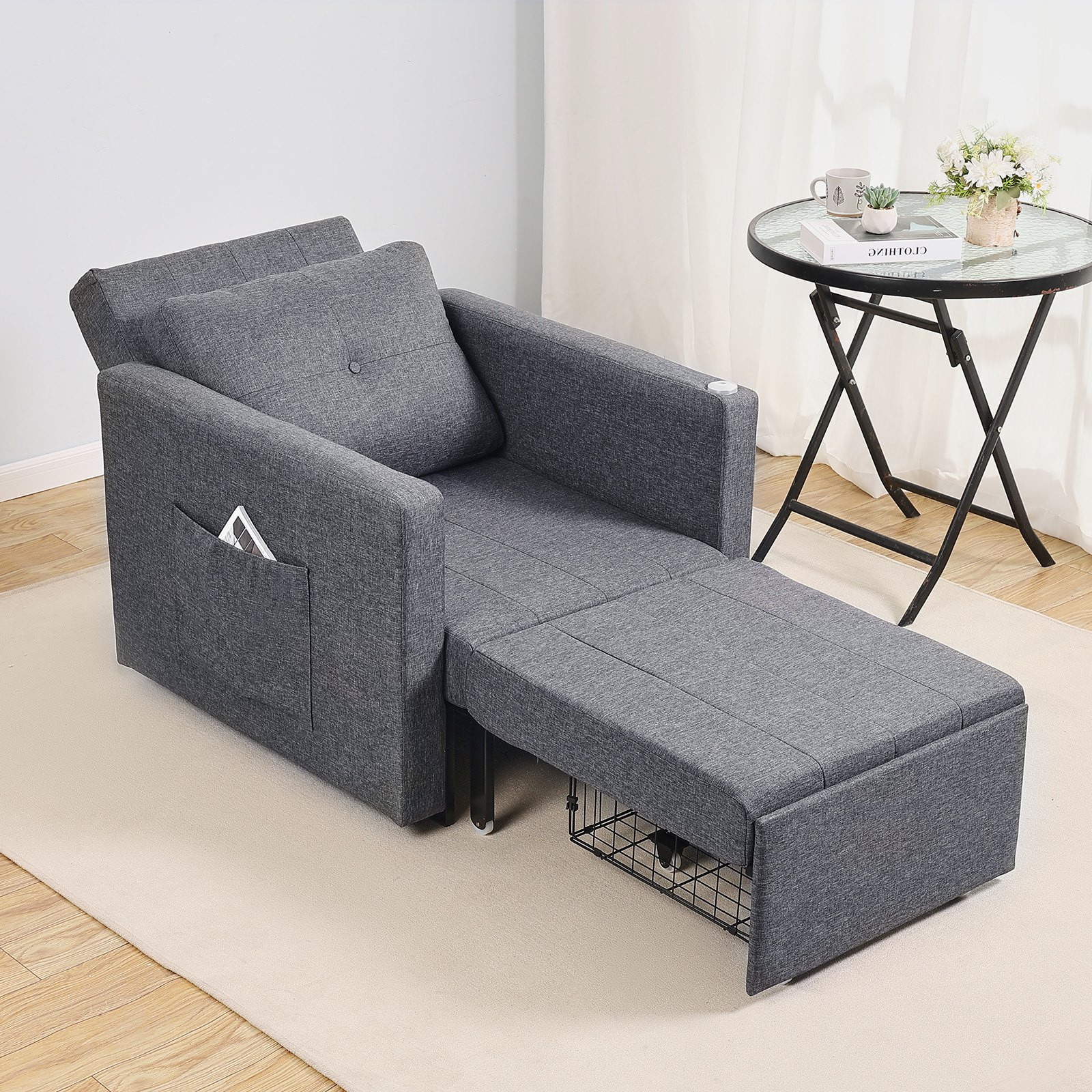 Convertible Sleeper Sofa Bed w/ Storage, Pillow, Desk, Wheels, Gray, 5-Position