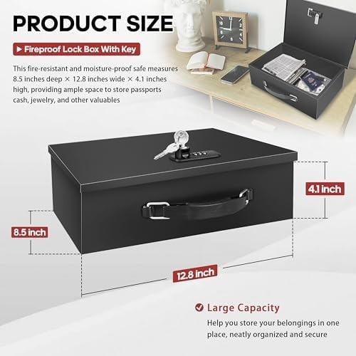 Fireproof Lock Box with Key and Combination Lock, Fire Safe Document Box
