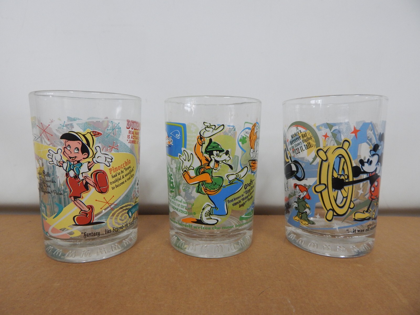 Mcdonald's Disney 100 Years of Magic Glasses Lot of 3 Pinocchio Goofy Mickey