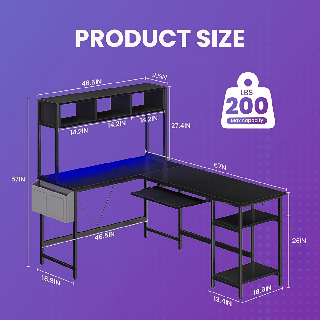67'' L Shaped Computer Desk with LED Light