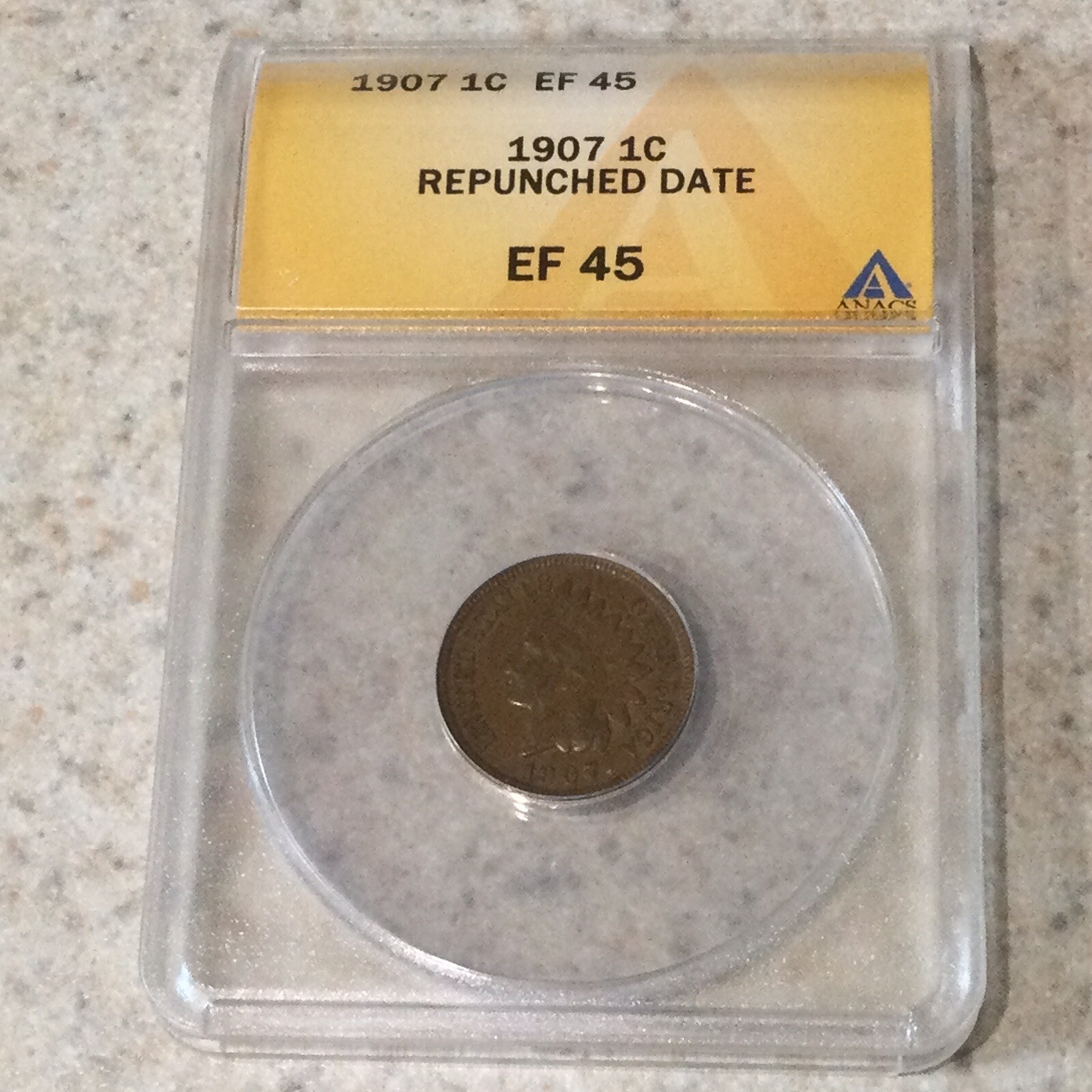 1907 1C Indian Head Cent ANACS EF45 Extra Fine RPD Repunched Date