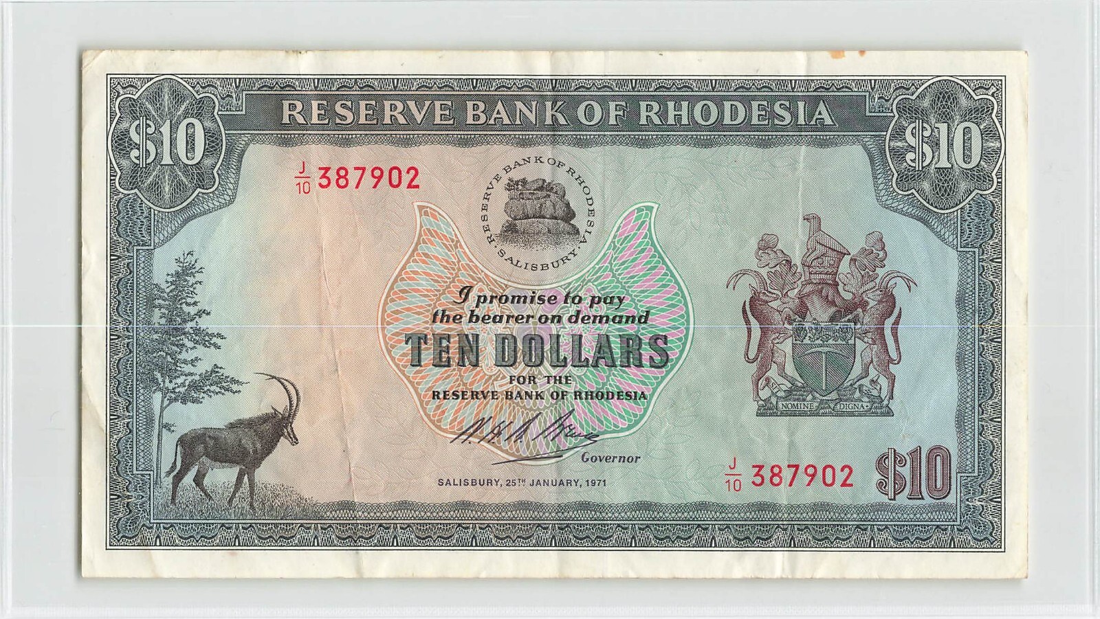 RHODESIA 10 Dollars 1971, P-33b (25 Jan '71), J/10 387902, KEY DATE, RARE.   H2