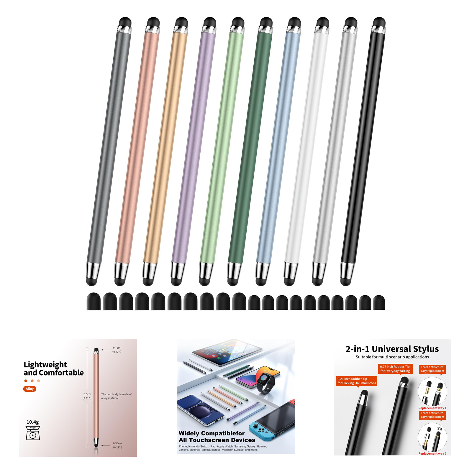Stylus Pen 10-Pack for Touchscreen Devices Dual Rubber Tips Compatible with iPad