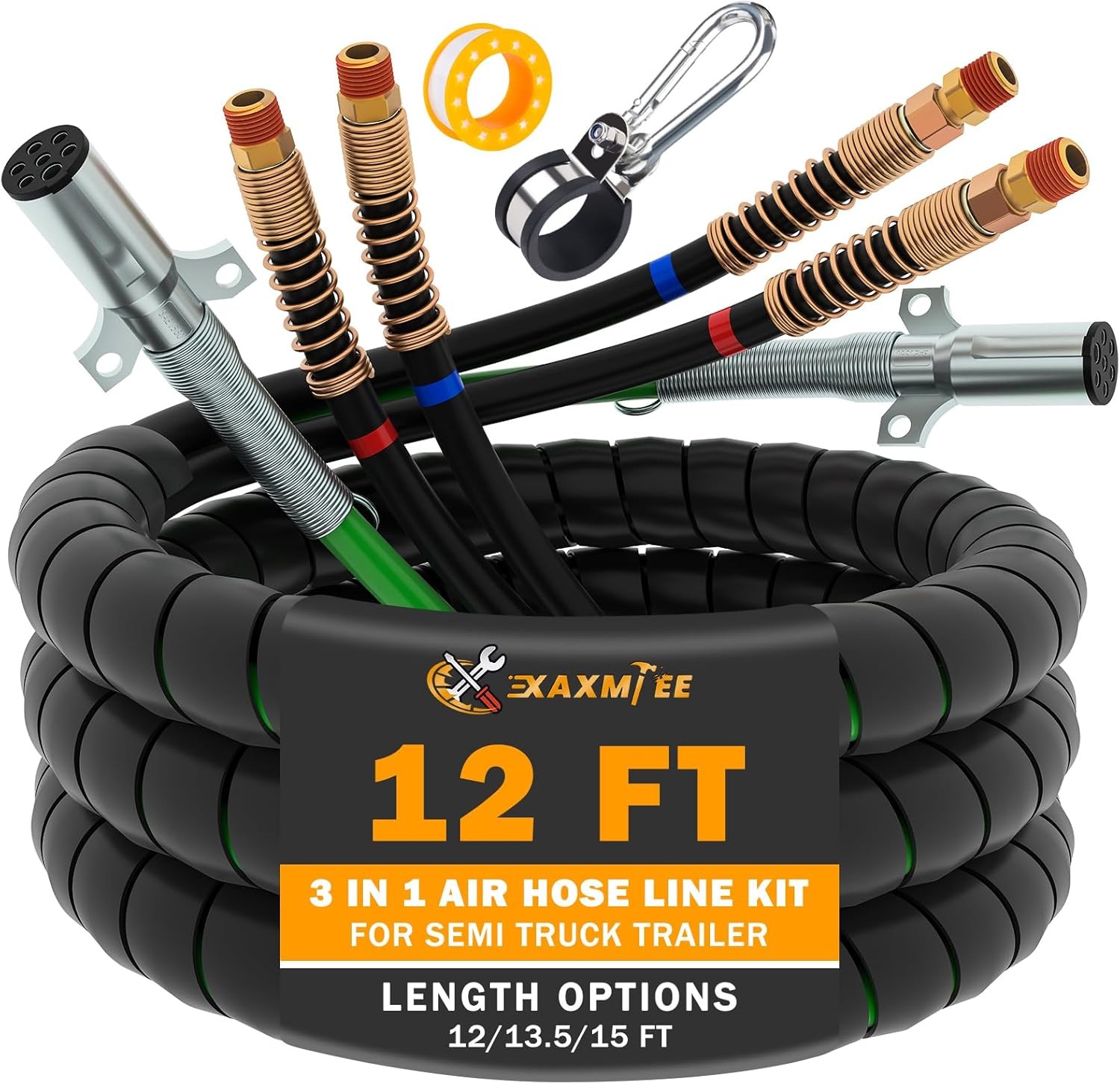 12FT Semi Truck Air Lines Kit 3IN1 Trailer Cord and Air Brake Hoses Assembly wit