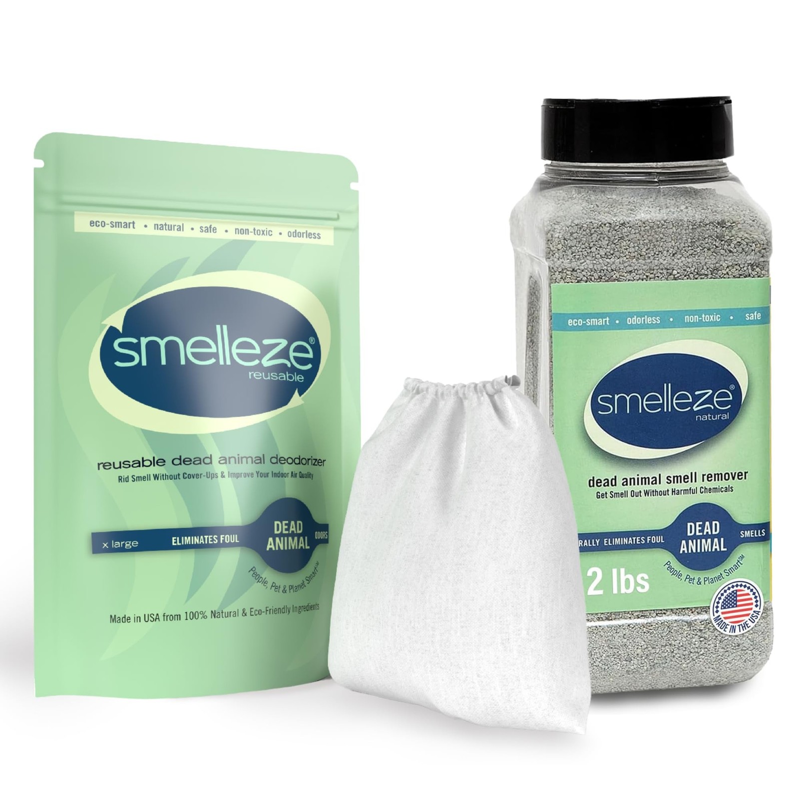 SMELLEZE Ultimate Odor Removal Bundle – 2 lb. Granules + 1 Reusable Pouch