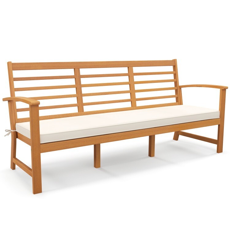 64" Patio Outdoor Extra-Long Furniture Wood Bench w/Seat Cushion & Slatted Seat
