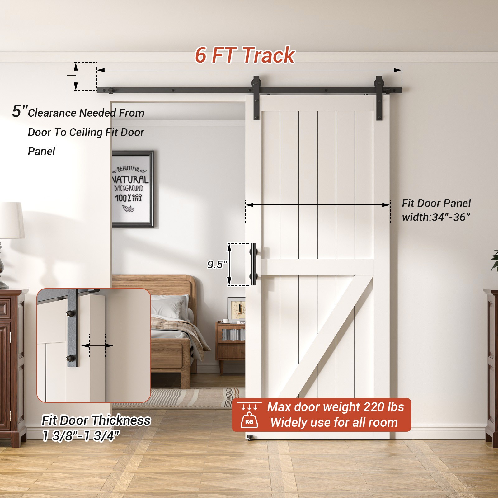 6FT/6.6FT Sliding barn door hardware kit & 9.5''Handle, Adjustable floor guide
