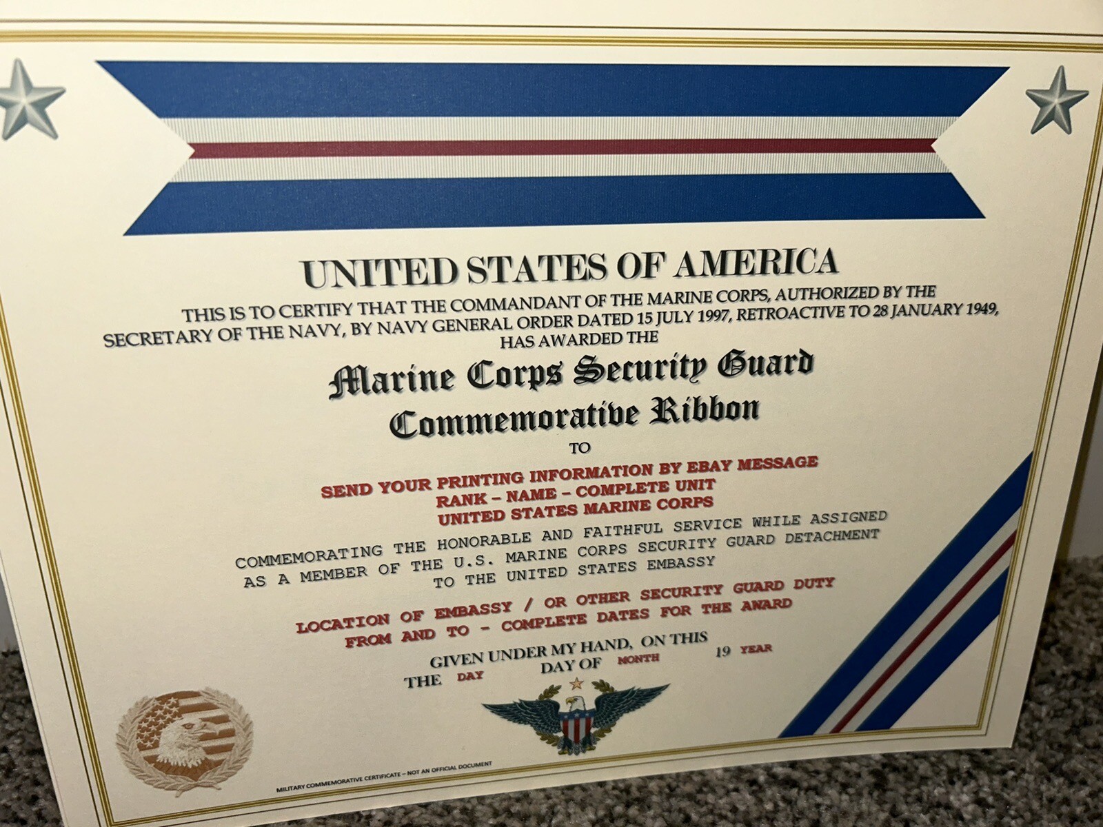 MARINE CORPS SECURITY GUARD RIBBON COMMEMORATIVE CERTIFICATE ~ W/PRINTING TYPE-1