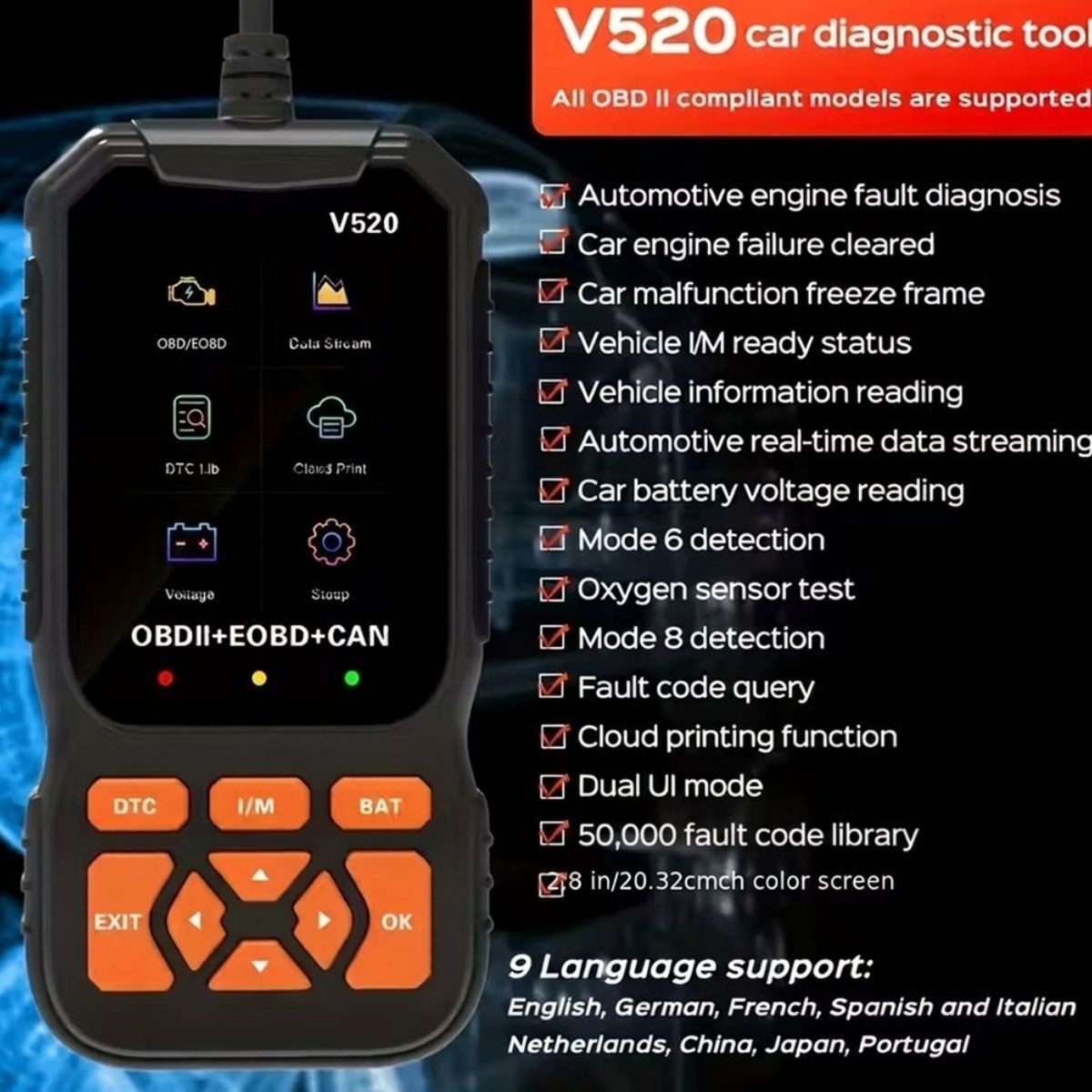 Professional V520 OBD2 Car Scanner, Check Engine, Read Erase Fault Code Tool