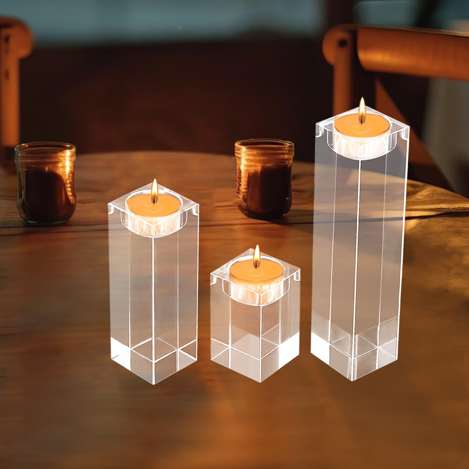 3pcs Glass Candle Holder Crystal Clear Pillar Candle Stand Clear Glass Tealight