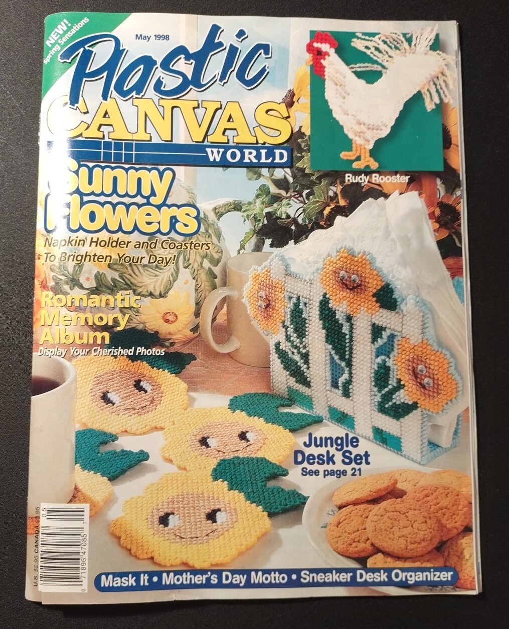 PLASTIC CANVAS WORLD MAY 1998 jungle desk set SUNNY FLOWERS mask it