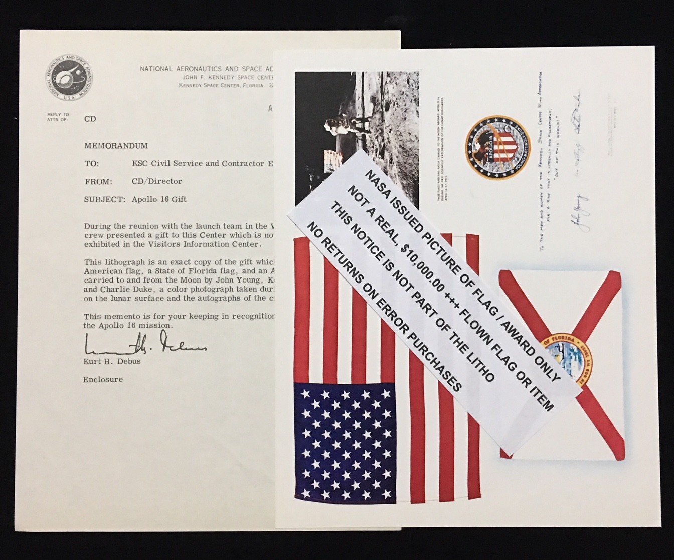 APOLLO 16 KSC TEAM MEMBER MEMENTO ORIGINAL LITHO & ADDED BONUS