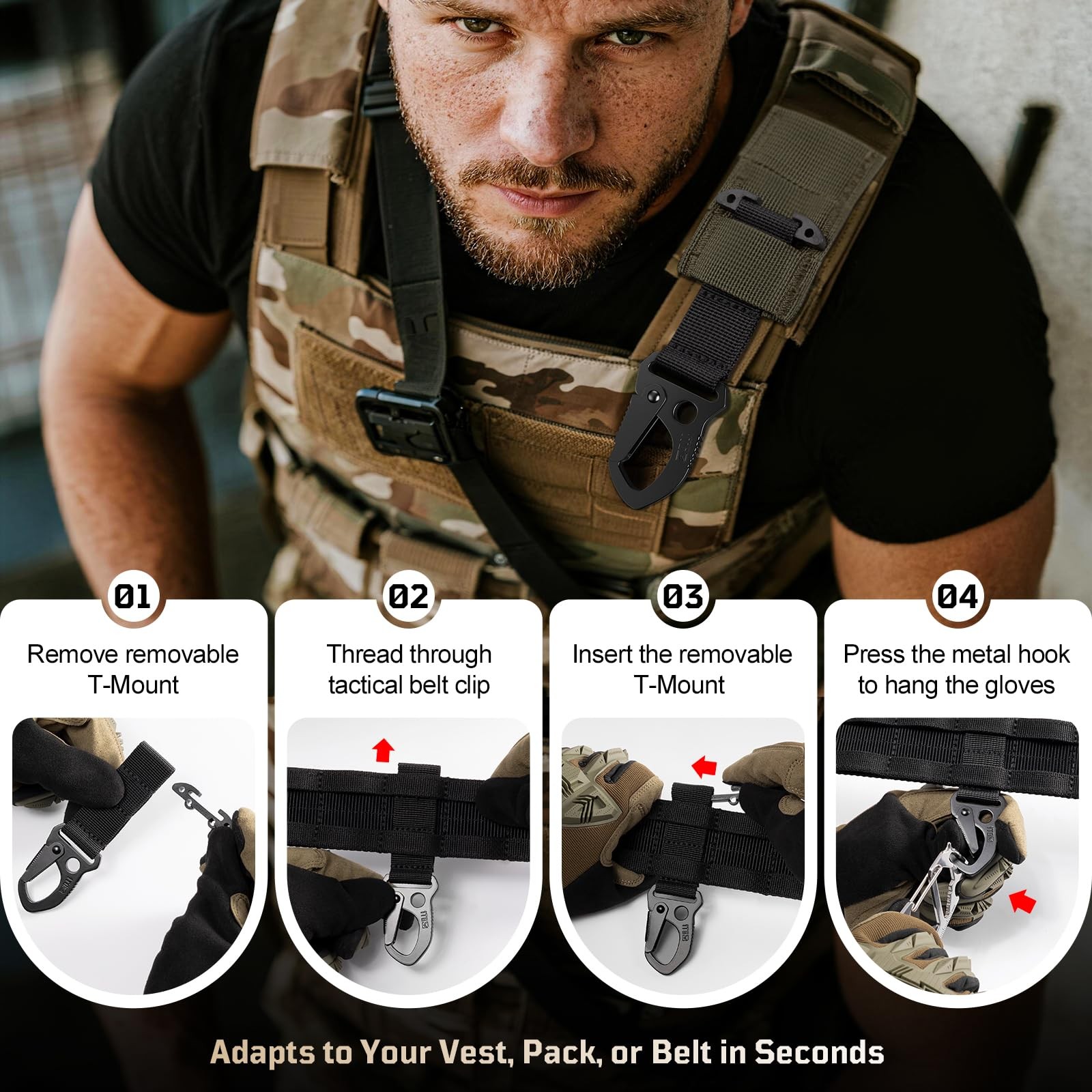 Tactical MOLLE Clip with Quick-Release Metal Hook & Nylon Webbing Black