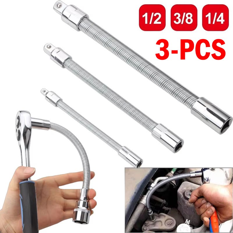 3-Piece Flexible Socket Extension Bar Set 1/2" 1/4" 3/8" Shaft Drive 10" 8" 6"