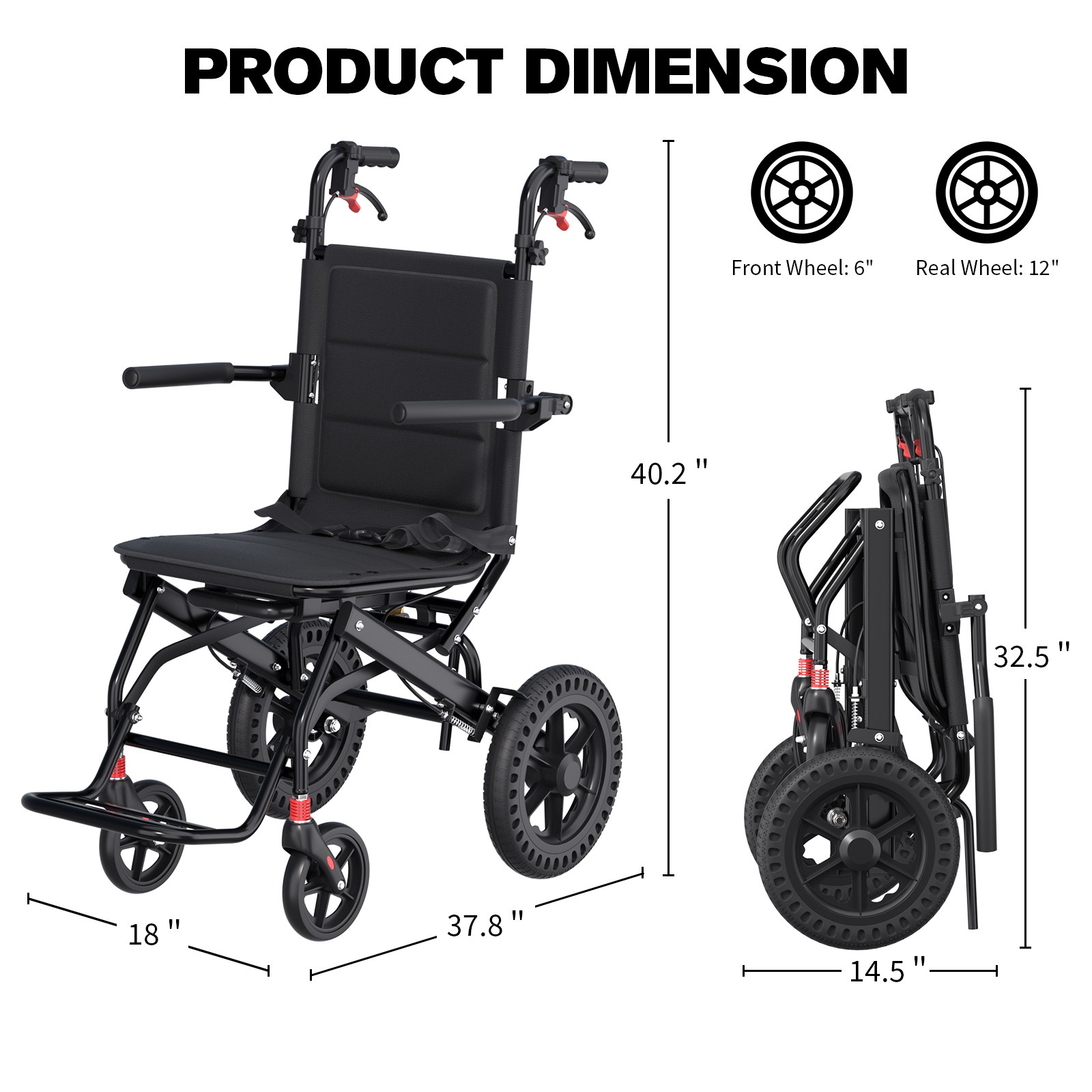 Lightweight Foldable Portable Transport Wheelchair With Telescopic Handle Adults