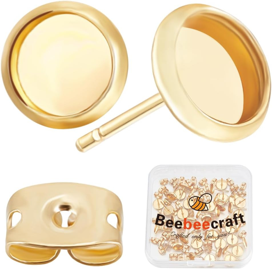 1 Box 50Pcs Post Stud Earring Findings 18K Gold Plated Blanks Round Cabochon Pro