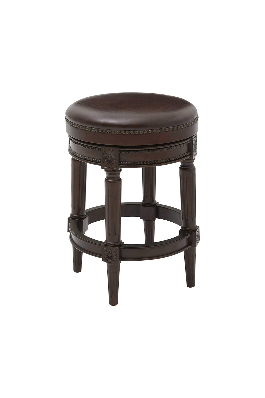 26 Dark Brown And Wood Brown Faux Leather Swivel Backless Counter Height Bar