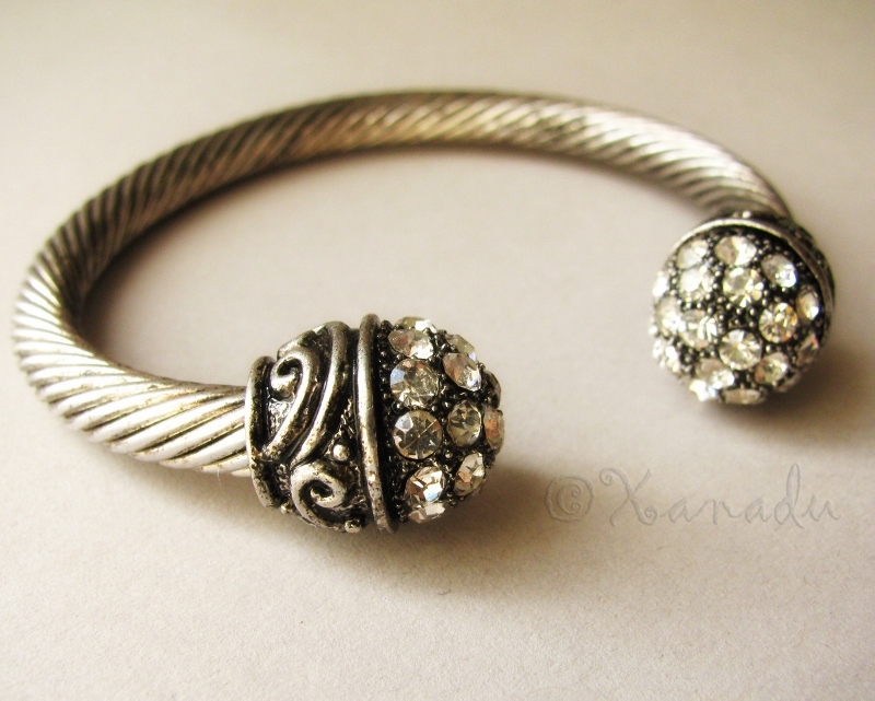 Rhinestone Cuff Bracelet - Midnight Stroll In The Garden Antiqued Silver Cuff