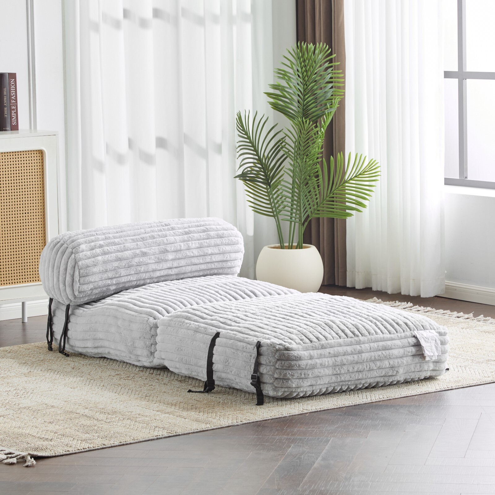 Convertible Bean Bag Chair Bed Light Gray Faux Fur w/ Pillow Shredded Foam