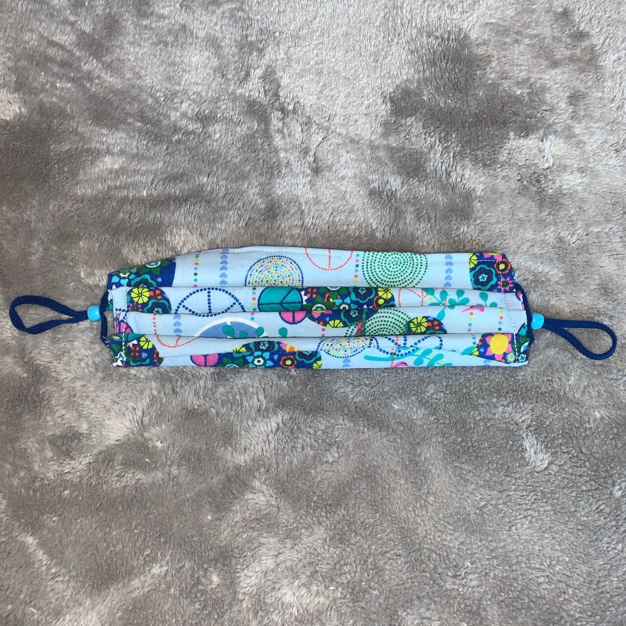 One Size Handmade Fabric Washable Reversible Face Mask Blue Floral & Peace Signs