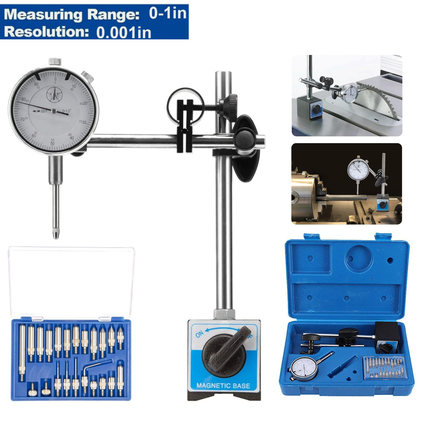 Dial Indicator with Magnetic Base Holder Differential Backlash Gauge 0-1.0" Test
