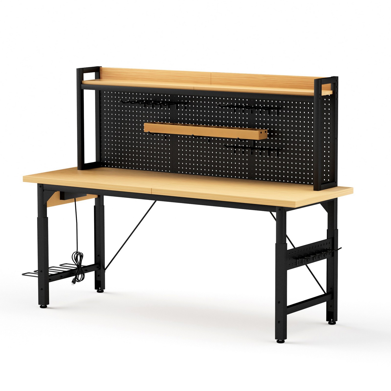 71" Adjustable Work Bench Table w Pegboard Rolling Wheels AC/USB Outlets 2000LB