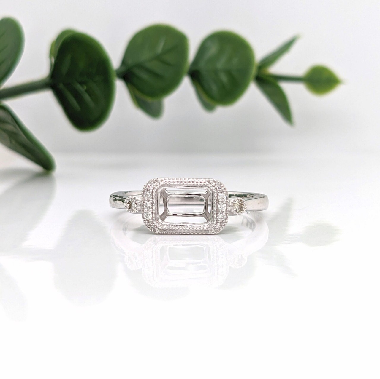 Vintage Art Deco 7x5mm Emerald Cut Ring Blank 925 Silver Halo Semi Mount Setting