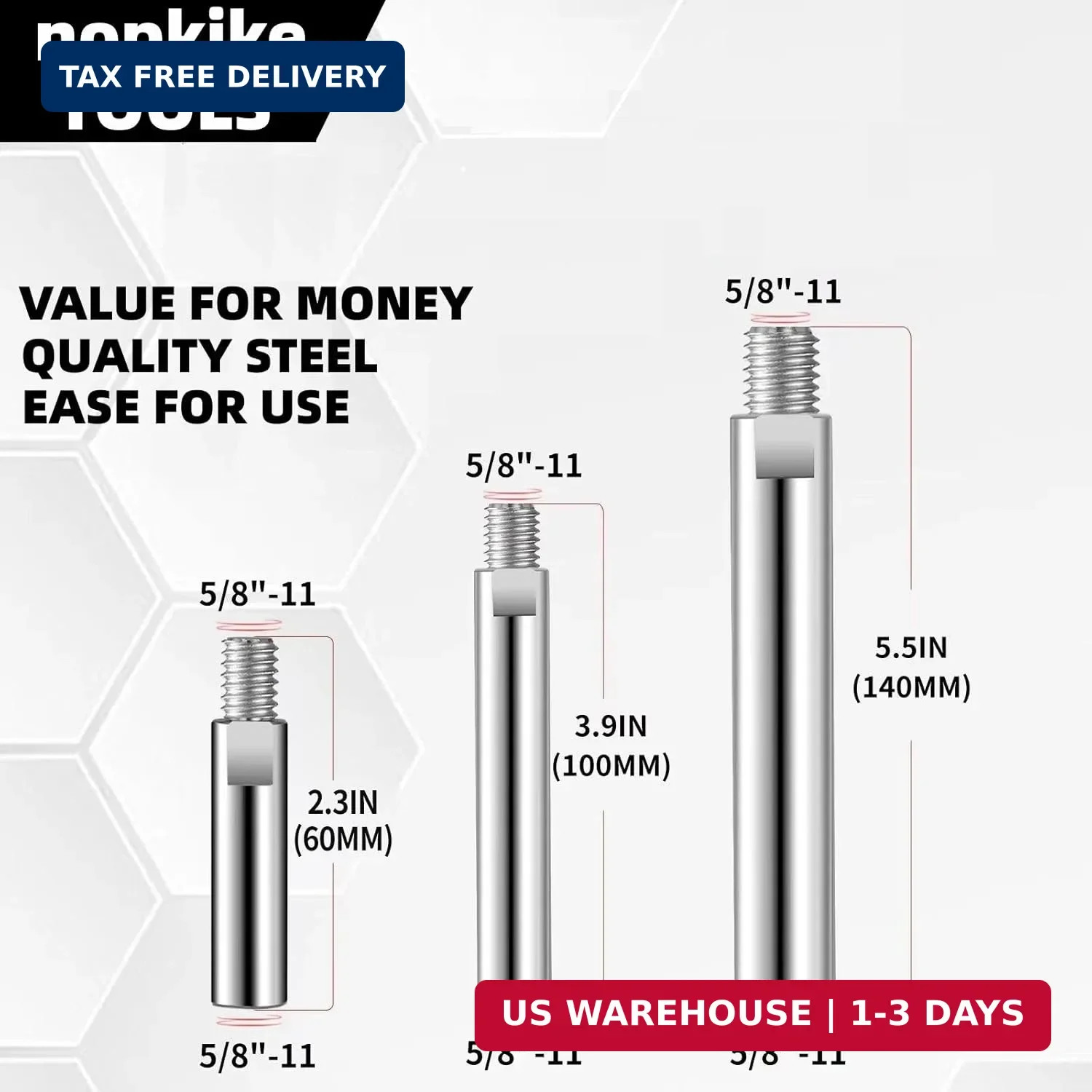 5/8"-11 Angle Grinder Extension Shaft Connecting Rod 3PCS with 1PC Universal Adj