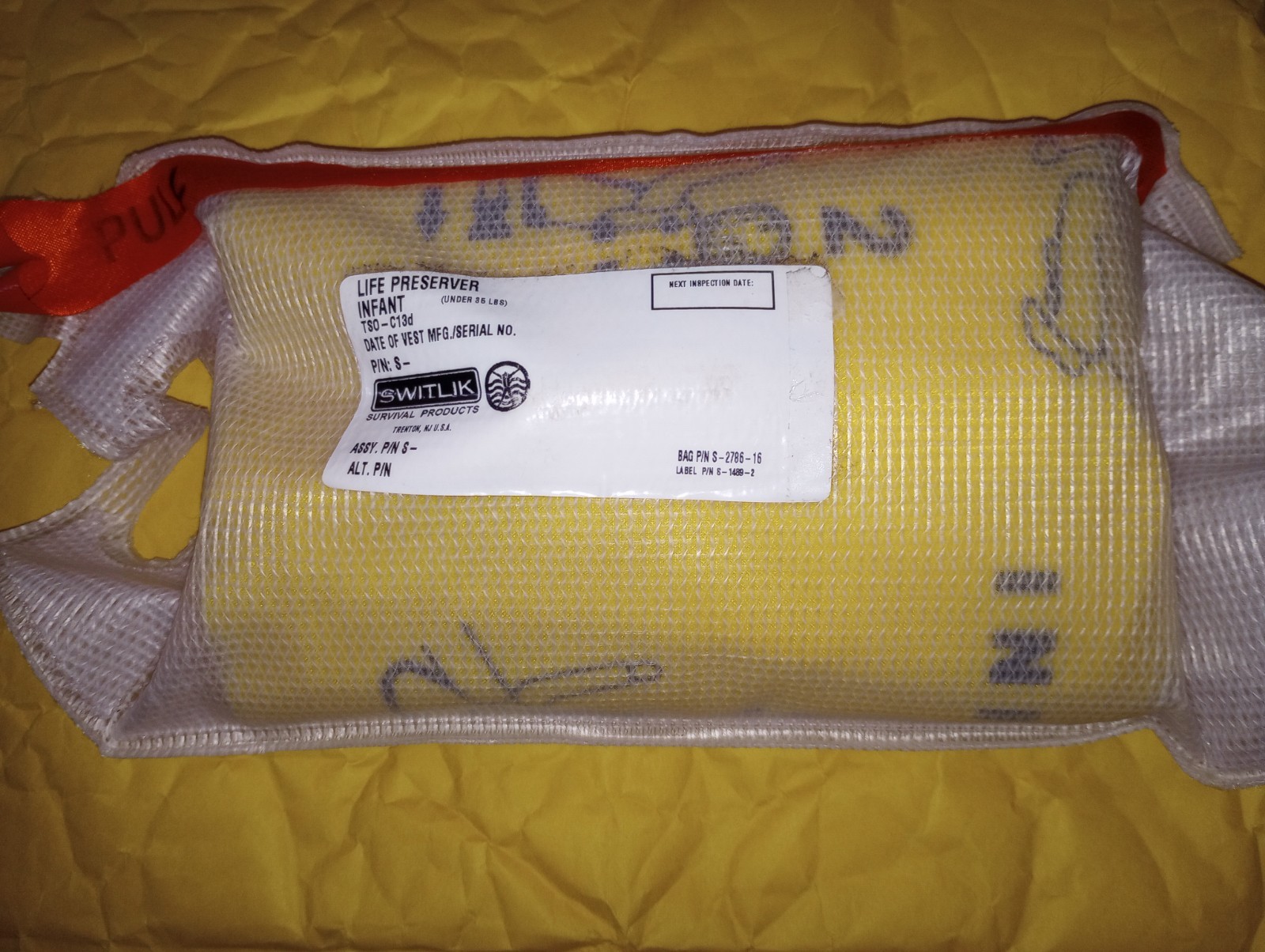 Switlik Emergency Aviation Infant Life Preserver Life Vest Under 35 LBS, NEW