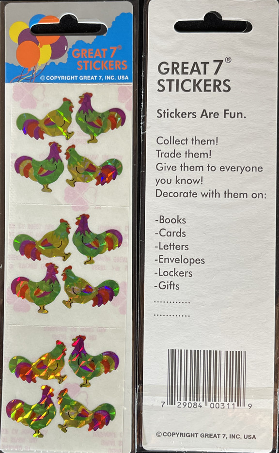 12 Packages of Prismatic Rooster Stickers, "Great 7" Sticker Designs, PPZ0501