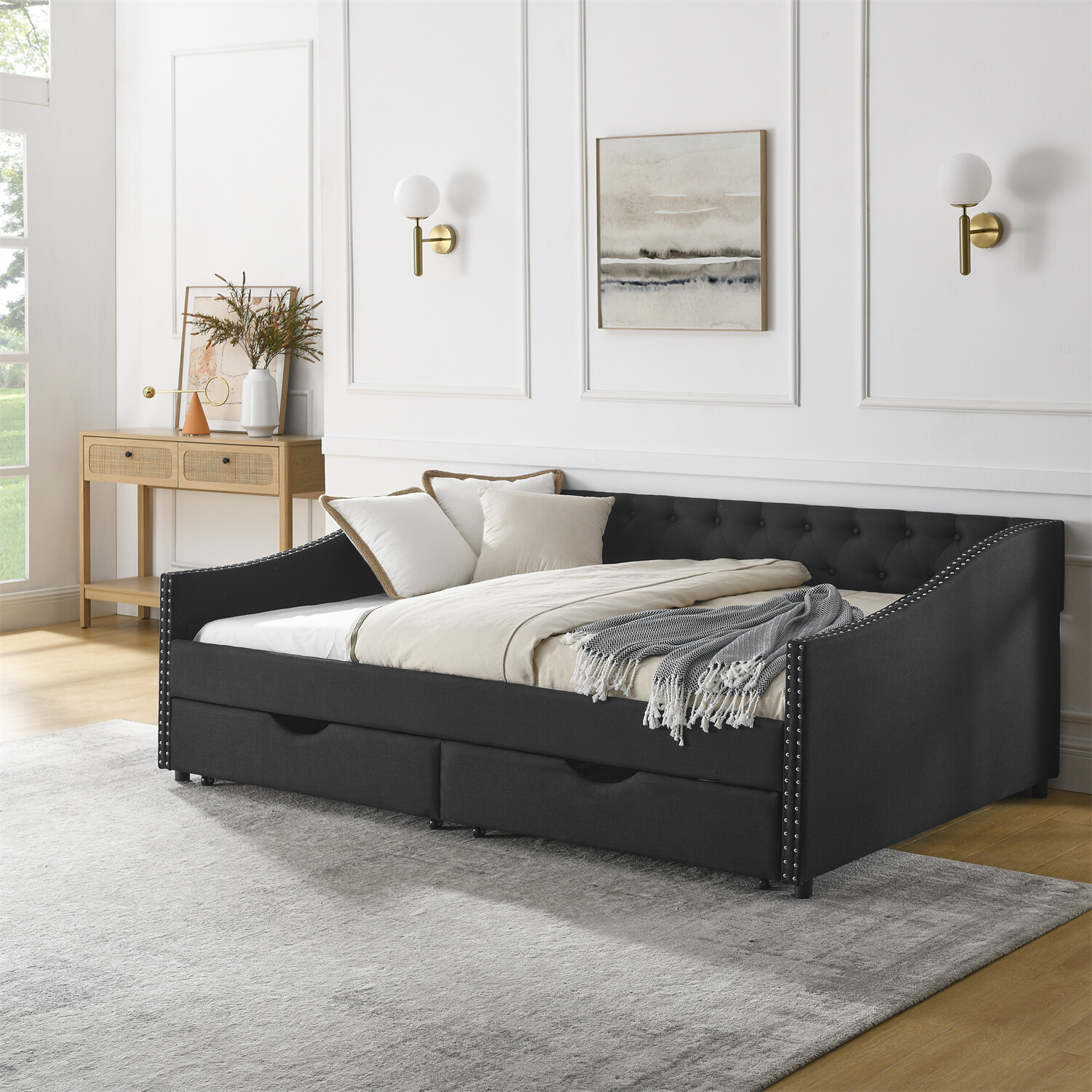 Full Size Daybed Modern Upholstered Bed Frame Sofa Bed w/ 2 Storage Drawers