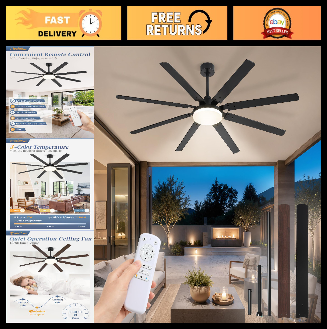 72" Large Outdoor Ceiling Fan with Lights & Remote, 8 Blades, 6 Speed DC Motor