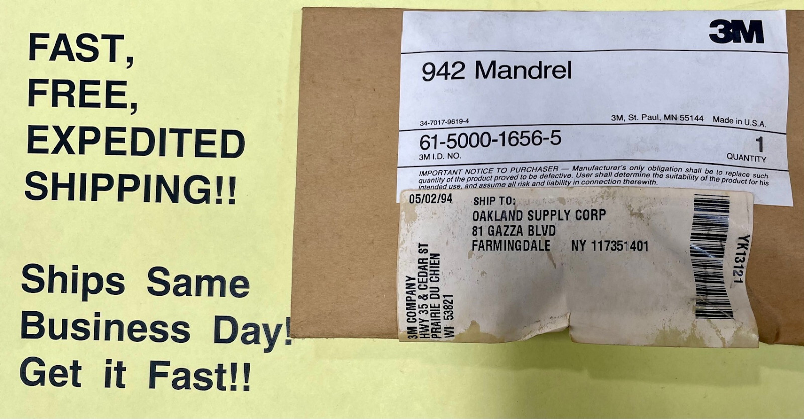 3M 942 Mandrel; 61-5000-1656-5; FREE SAME DAY EXPEDITED SHIPPING!