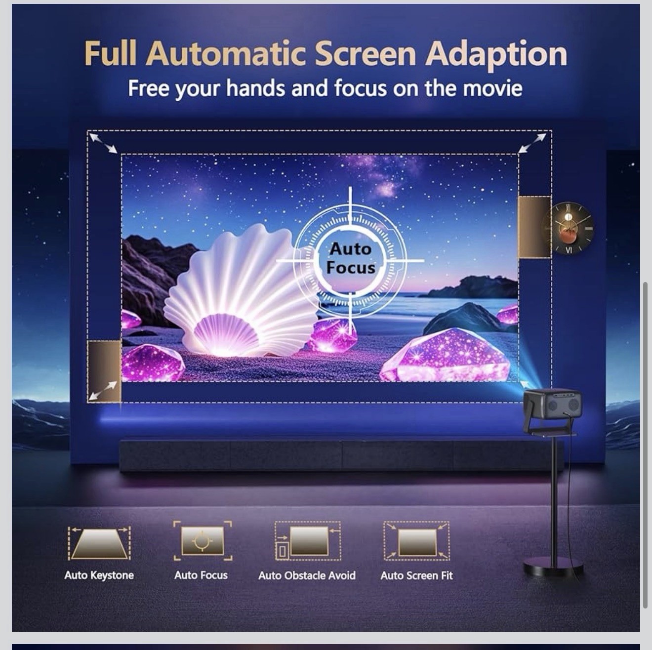 Short Throw 360 Stand4k Projector WiFi and Bluetooth, Auto Focus, Auto Keystone