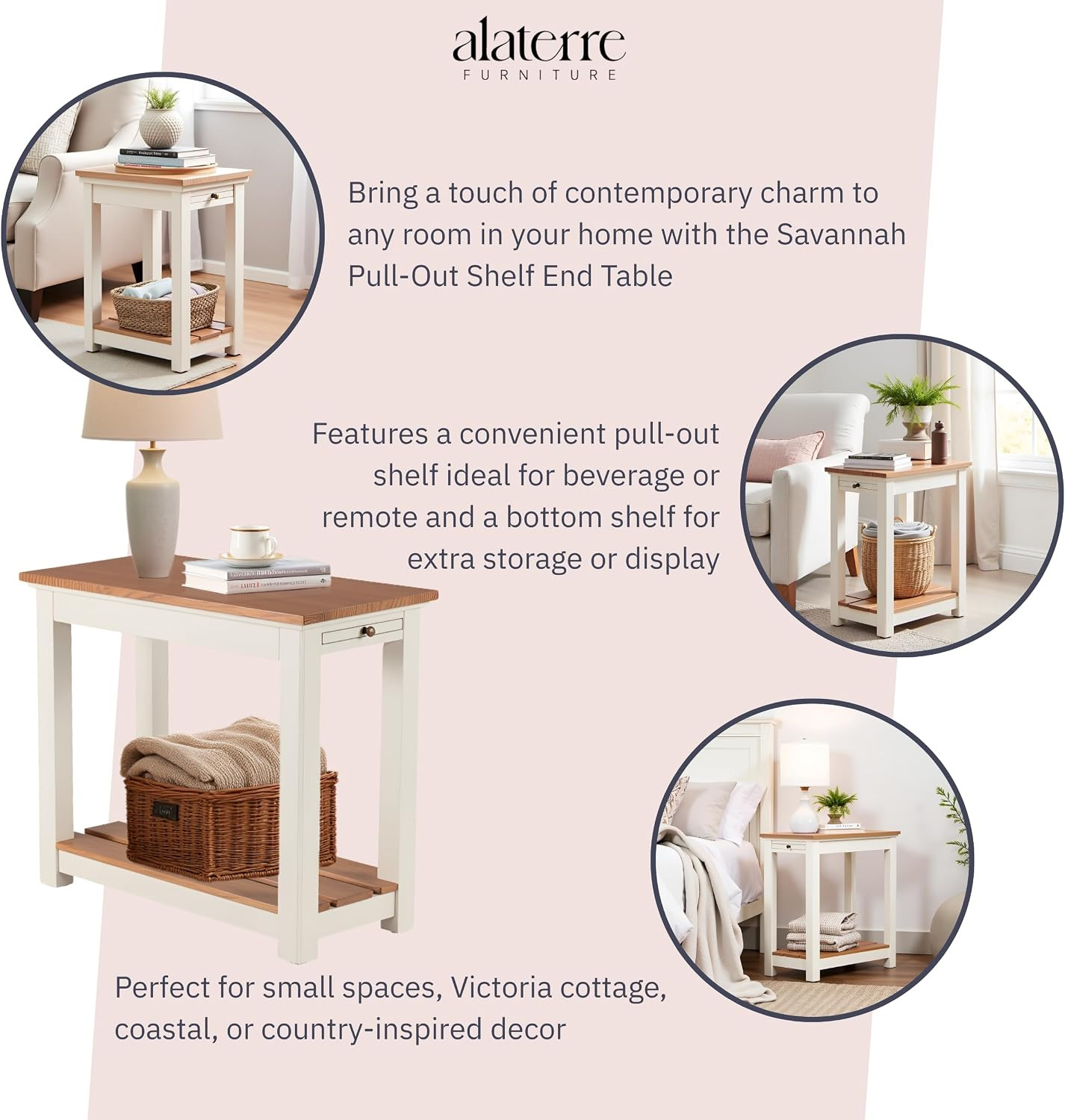 Savannah Narrow End Table – 12” W X 22” D Small Side Table with Pull-Out Tray an