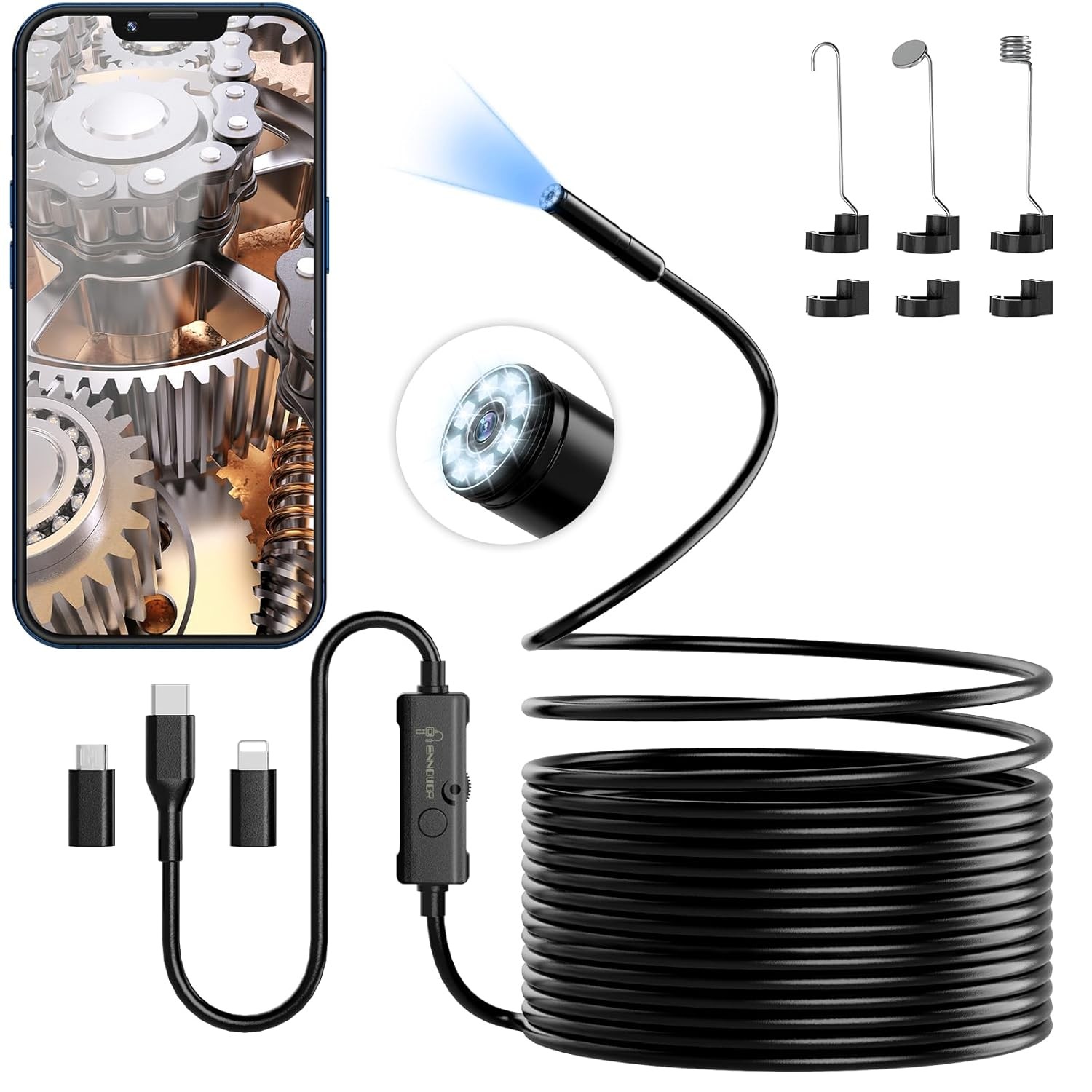 16.4ft 1920P HD Endoscope Camera with Light, Borescope Camera with 8 LED Lights