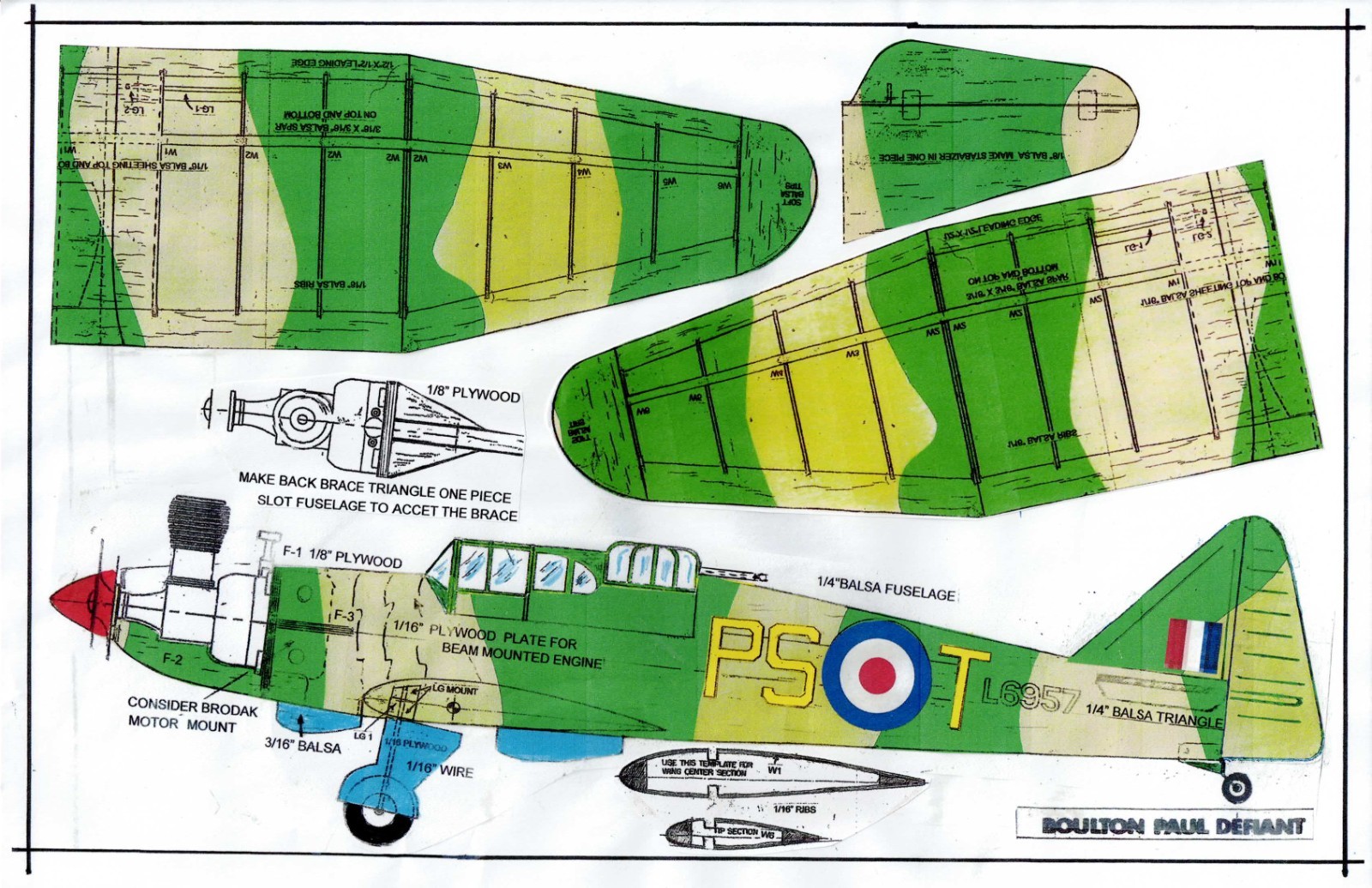 1/2 A  British WW-II Bolton Paul Defiant  U-Control Model airplane plans only