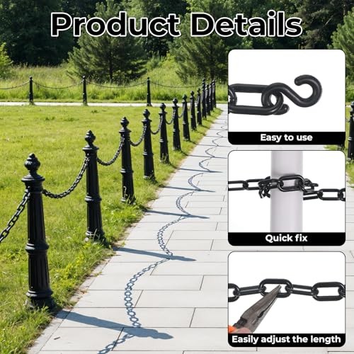 Black Plastic Chain Links, 3 Ft 6mm Plastic Chains with 5 S-Hooks, Linking
