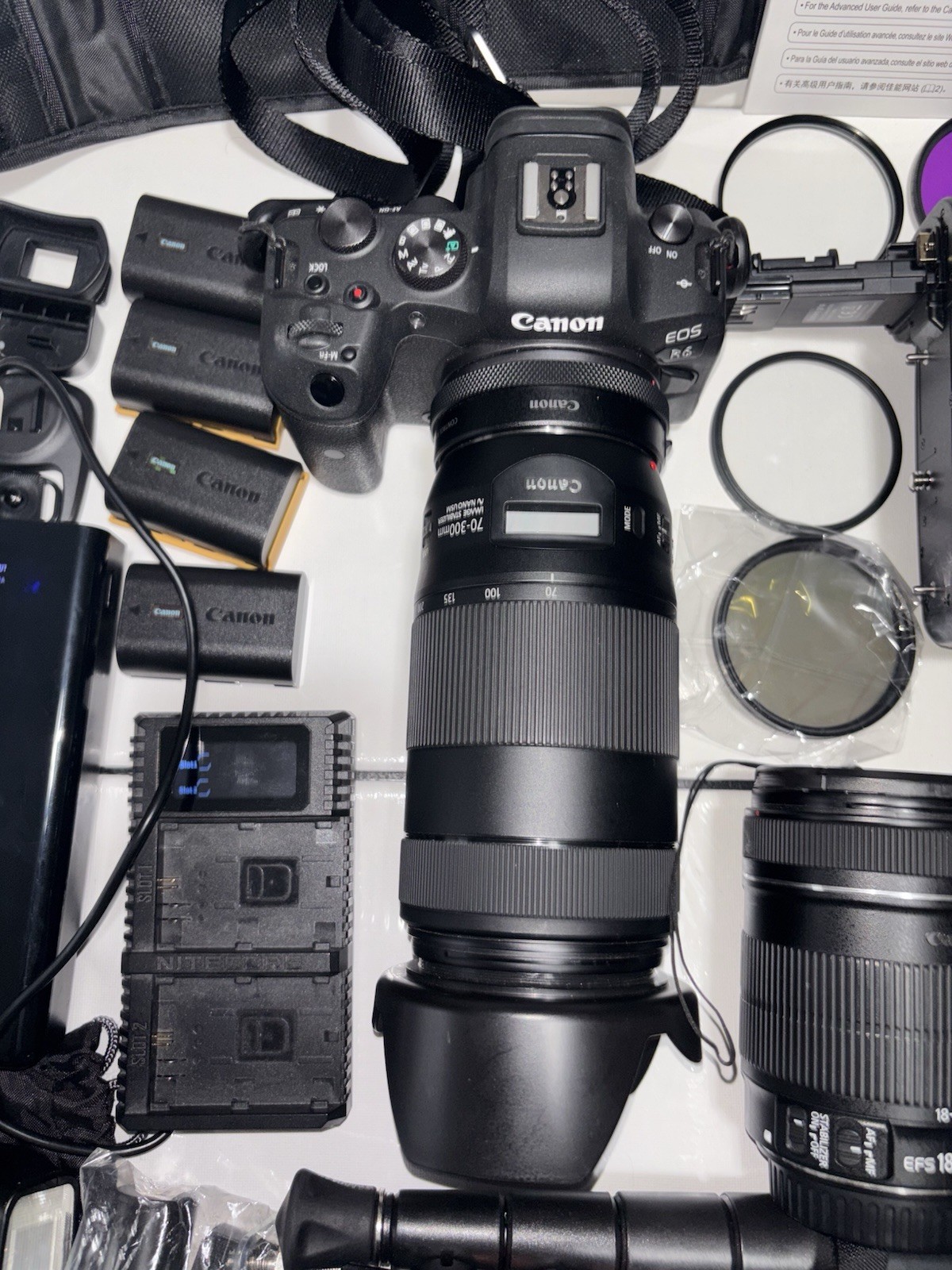 Canon EOS R6 Camera, EF-S 18-135mm & NANO  RF 70-300mm Lenses, Batteries, Flash